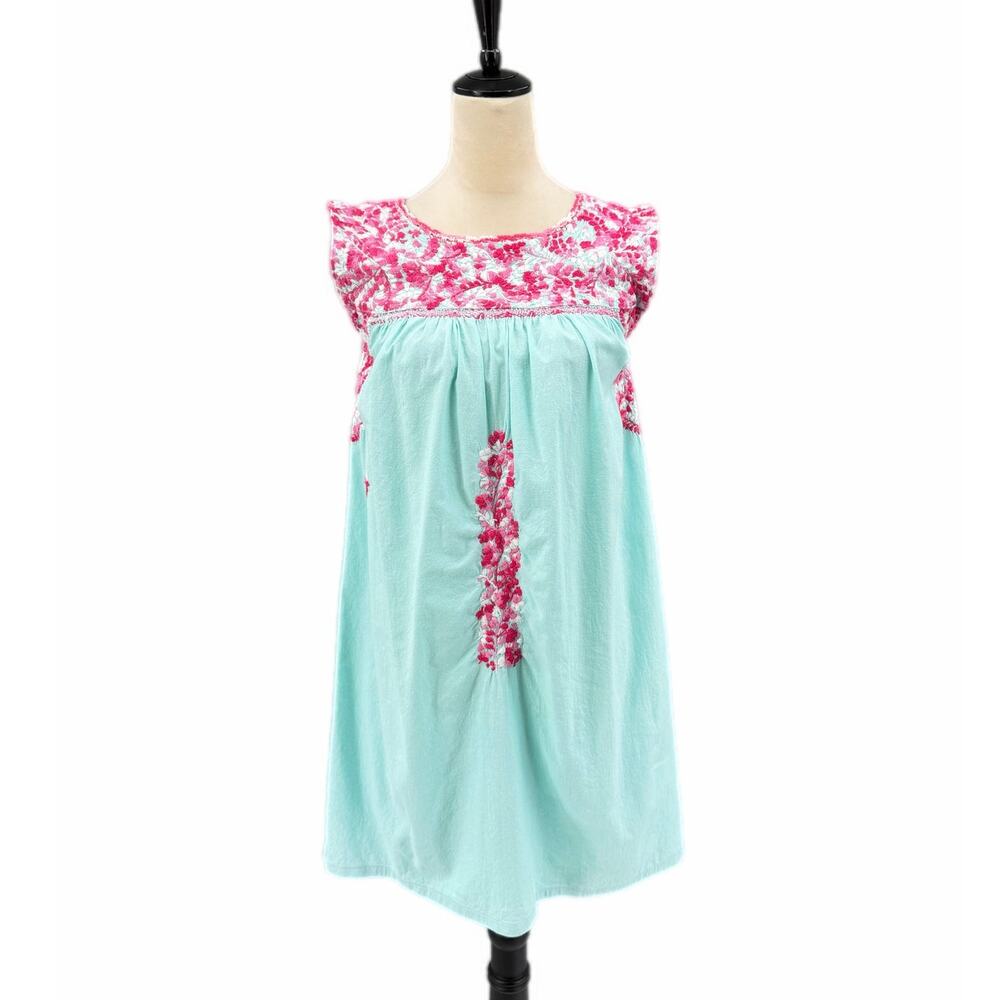 Mi Golondrina Flores 100% Cotton Aqua & Pink Floral Embroidered Sleeveless Dress